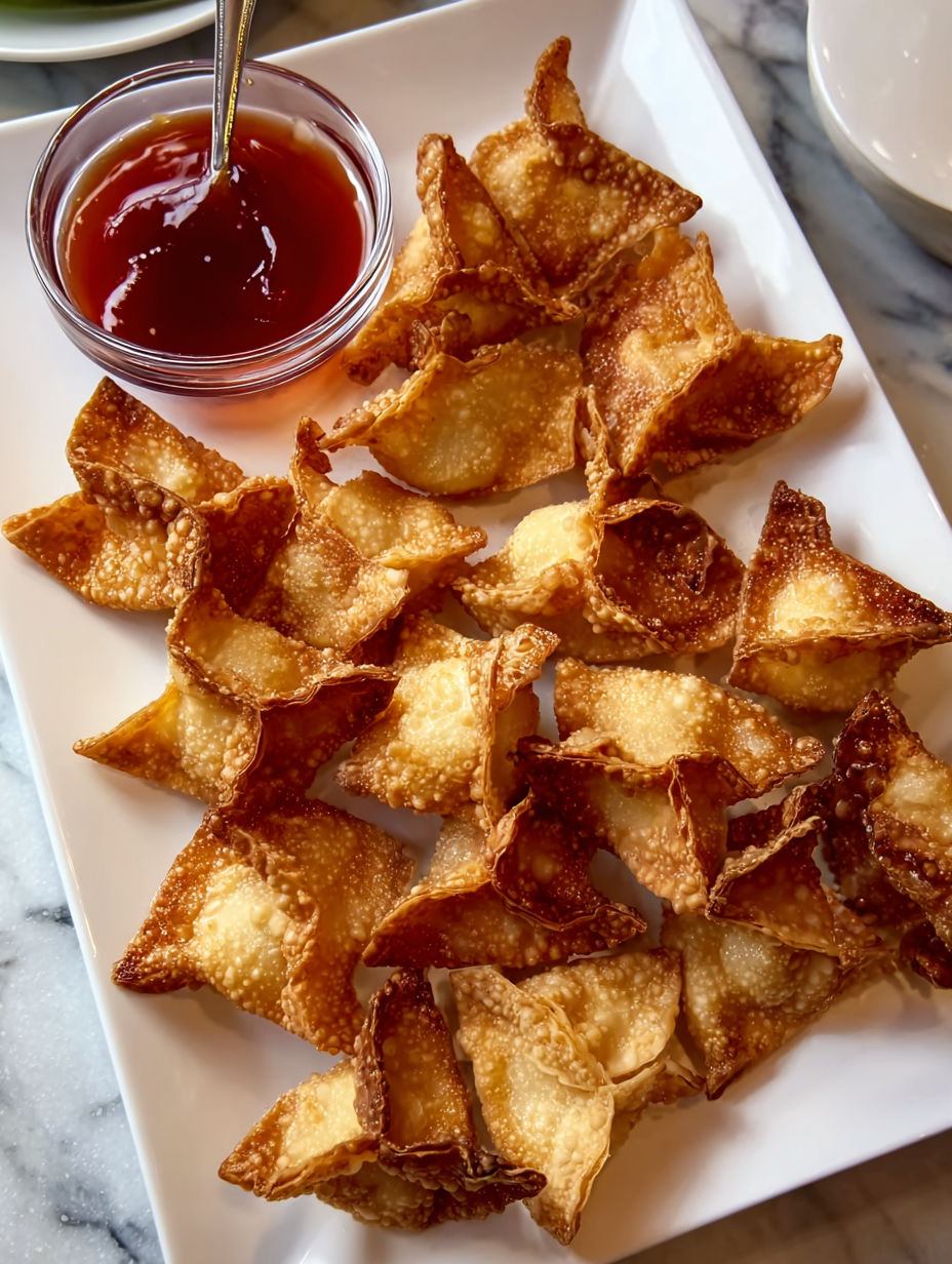 A plate of crab rangoon with a dipping sauce.