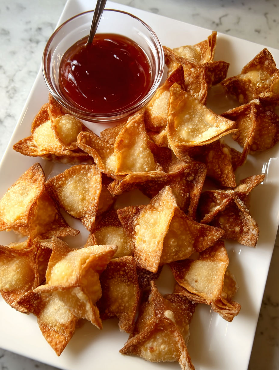 A plate of crab rangoon with a dipping sauce.