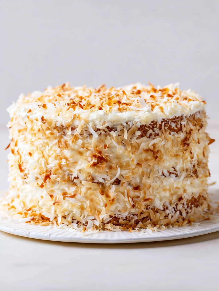 A white plate holds a coconut custard cake.