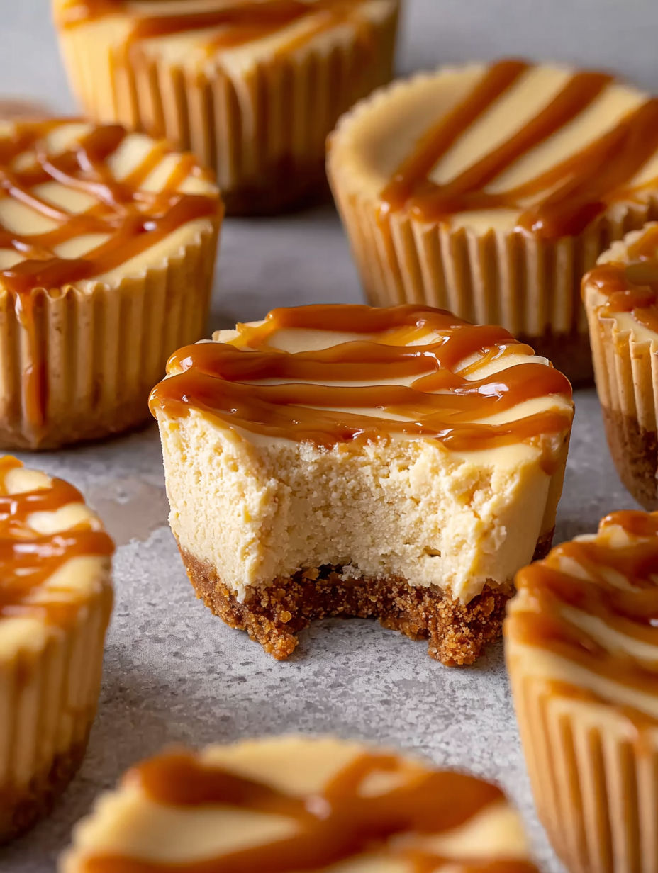 A close up of a mini cheesecake with caramel sauce.
