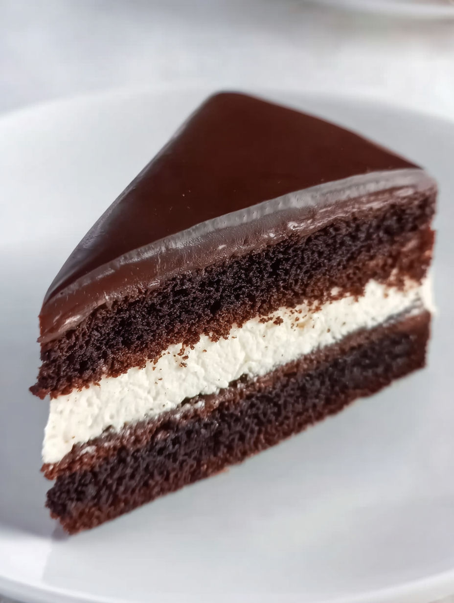 A slice of chocolate cake with white frosting.