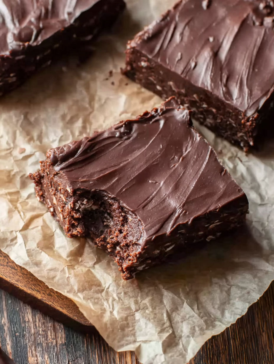 A piece of chocolate coconut date bars.