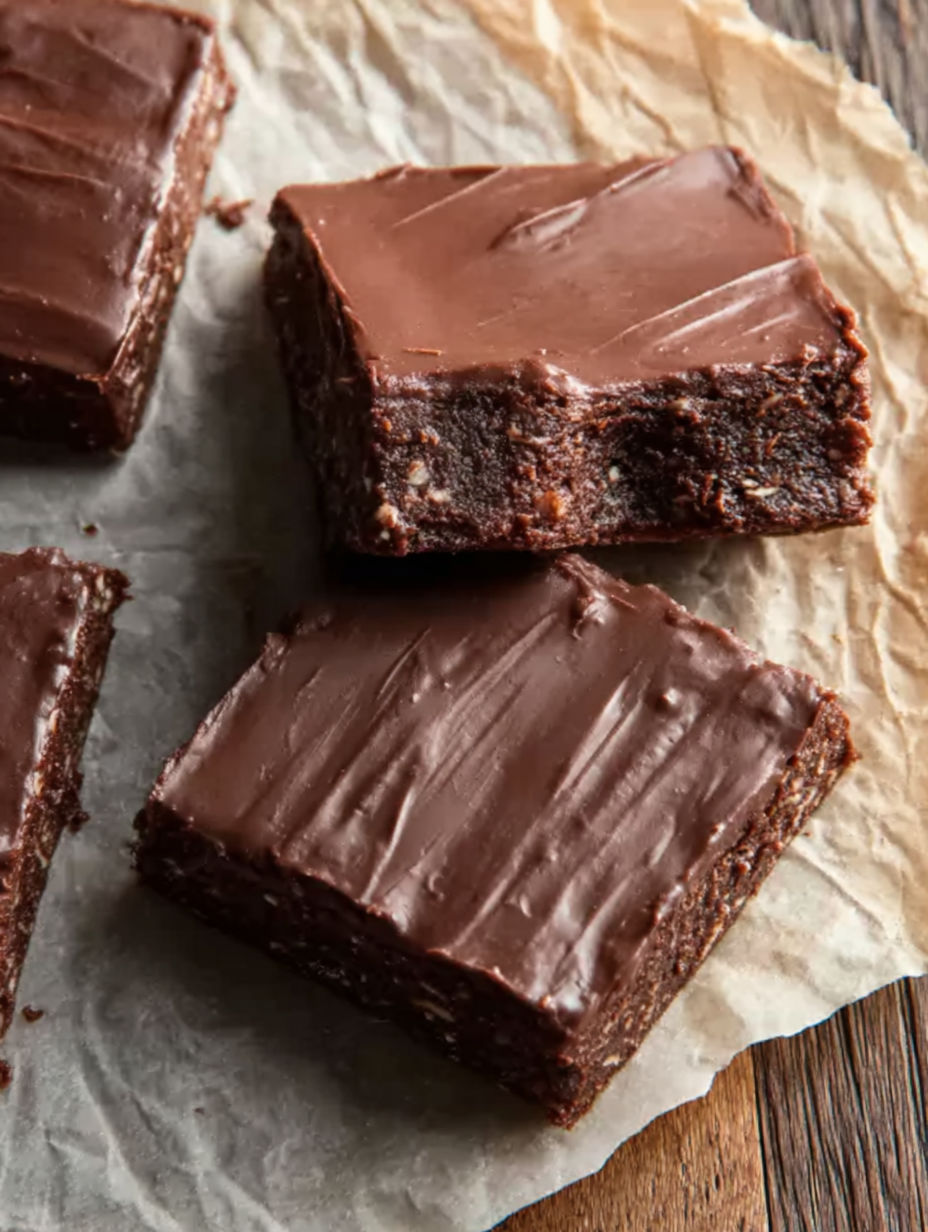 A close up of a chocolate coconut date bar.
