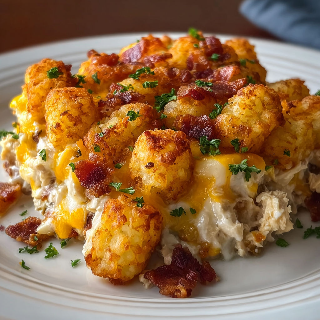 A plate of chicken bacon ranch tater tot casserole.