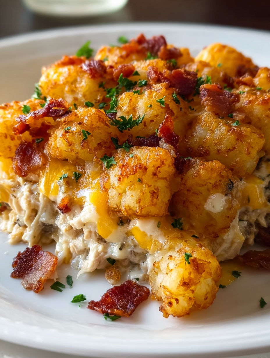 A plate of chicken bacon ranch tater tot casserole.