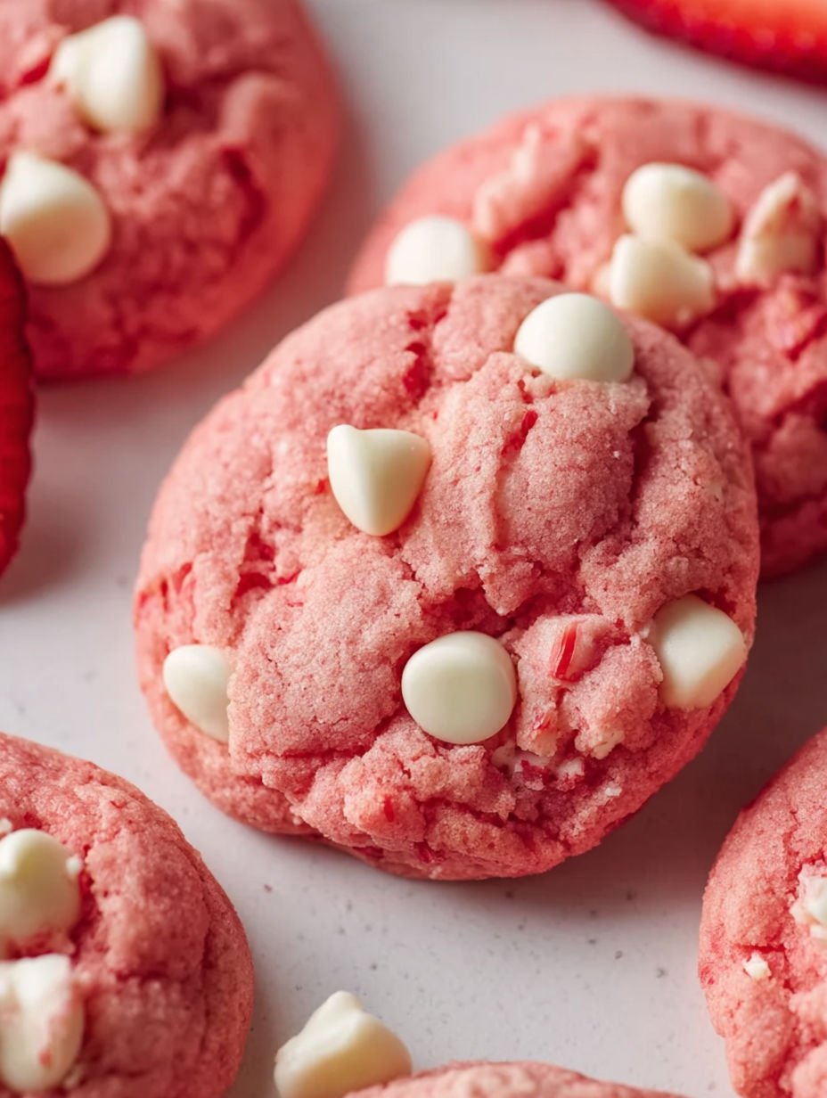 A plate of cookies with white chocolate chips and strawberry cheesecake.