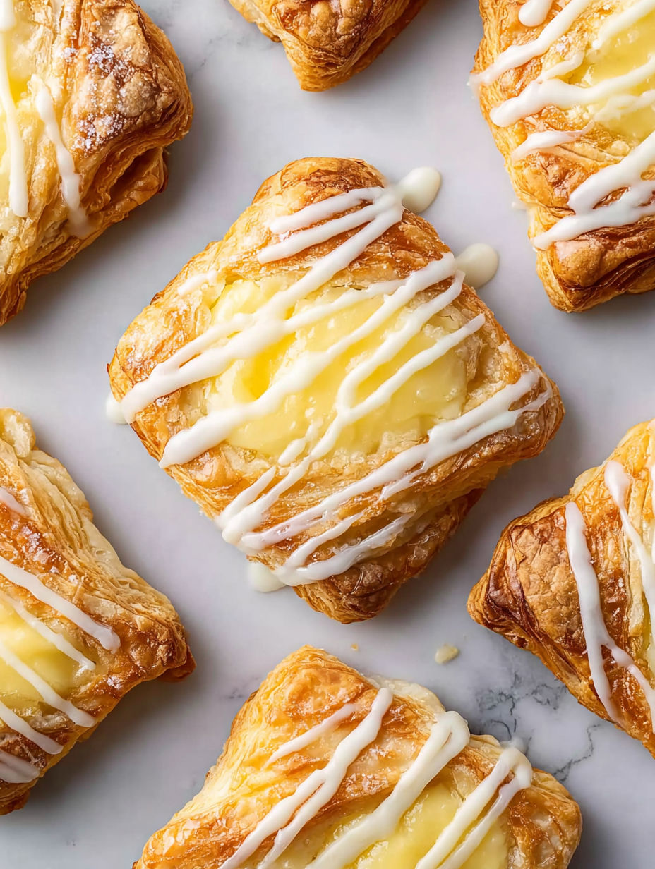 A close up of a pastry with white icing and a yellow filling.