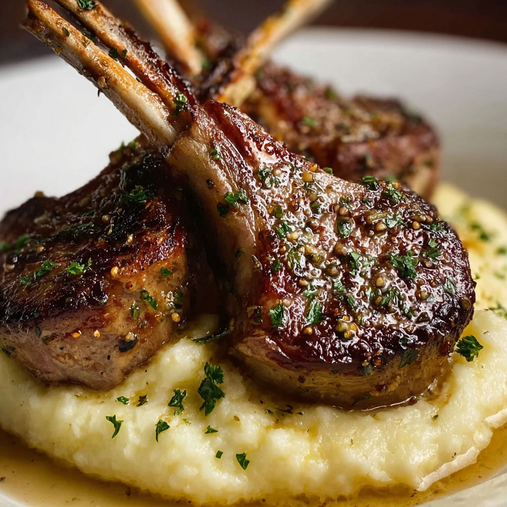 Lamb chops with garlic and butter on a plate.