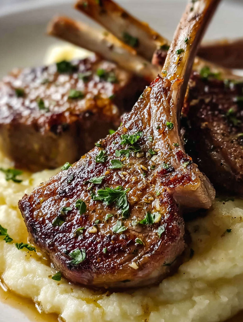 Lamb chops with garlic and herbs on a plate.