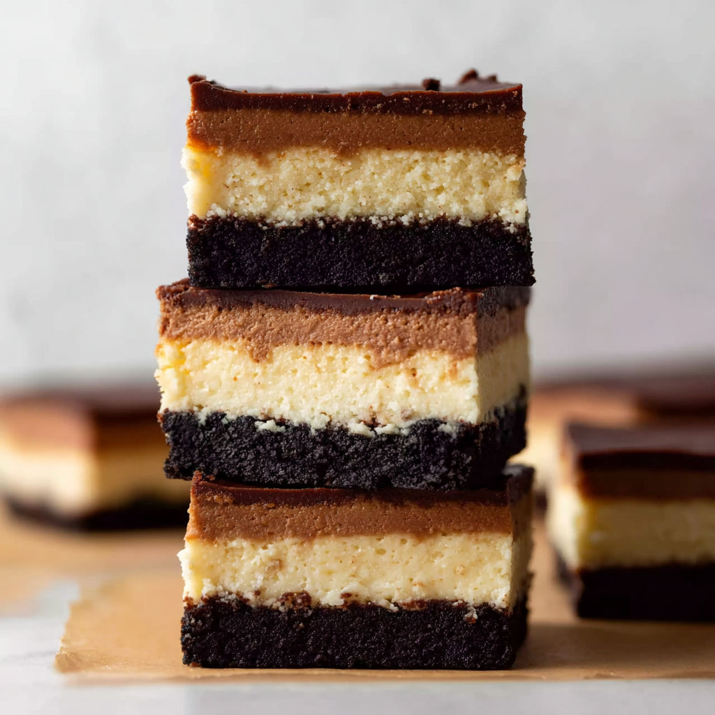 A stack of chocolate peanut butter cheesecake bars.