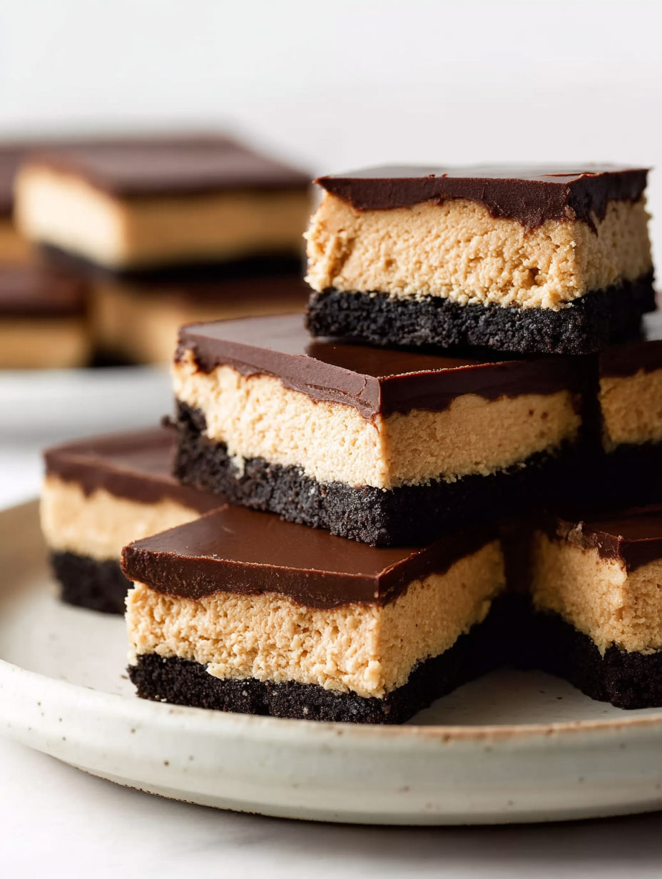 A stack of chocolate and peanut butter bars.