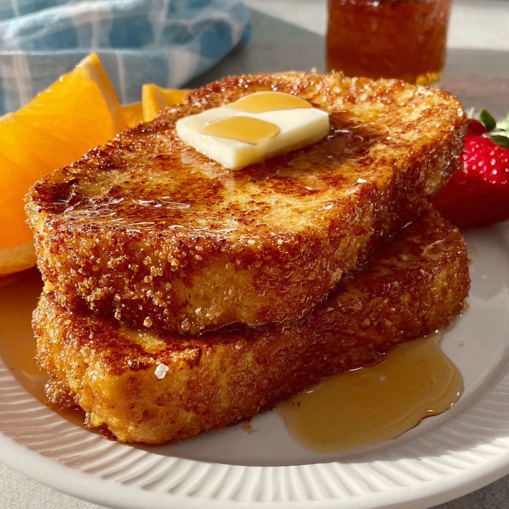 A stack of French toast with butter and honey.