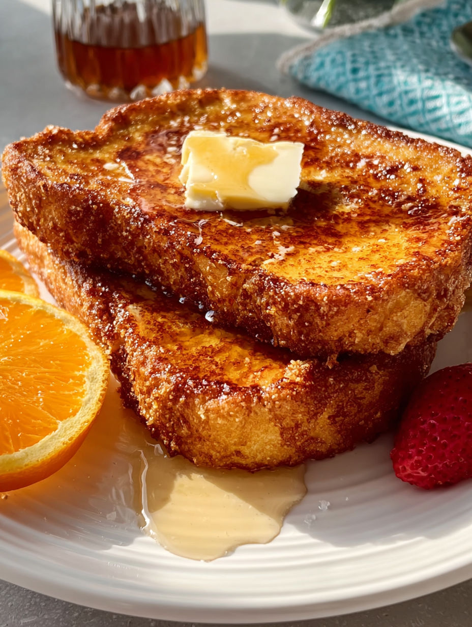 A stack of French toast with butter and an orange slice.