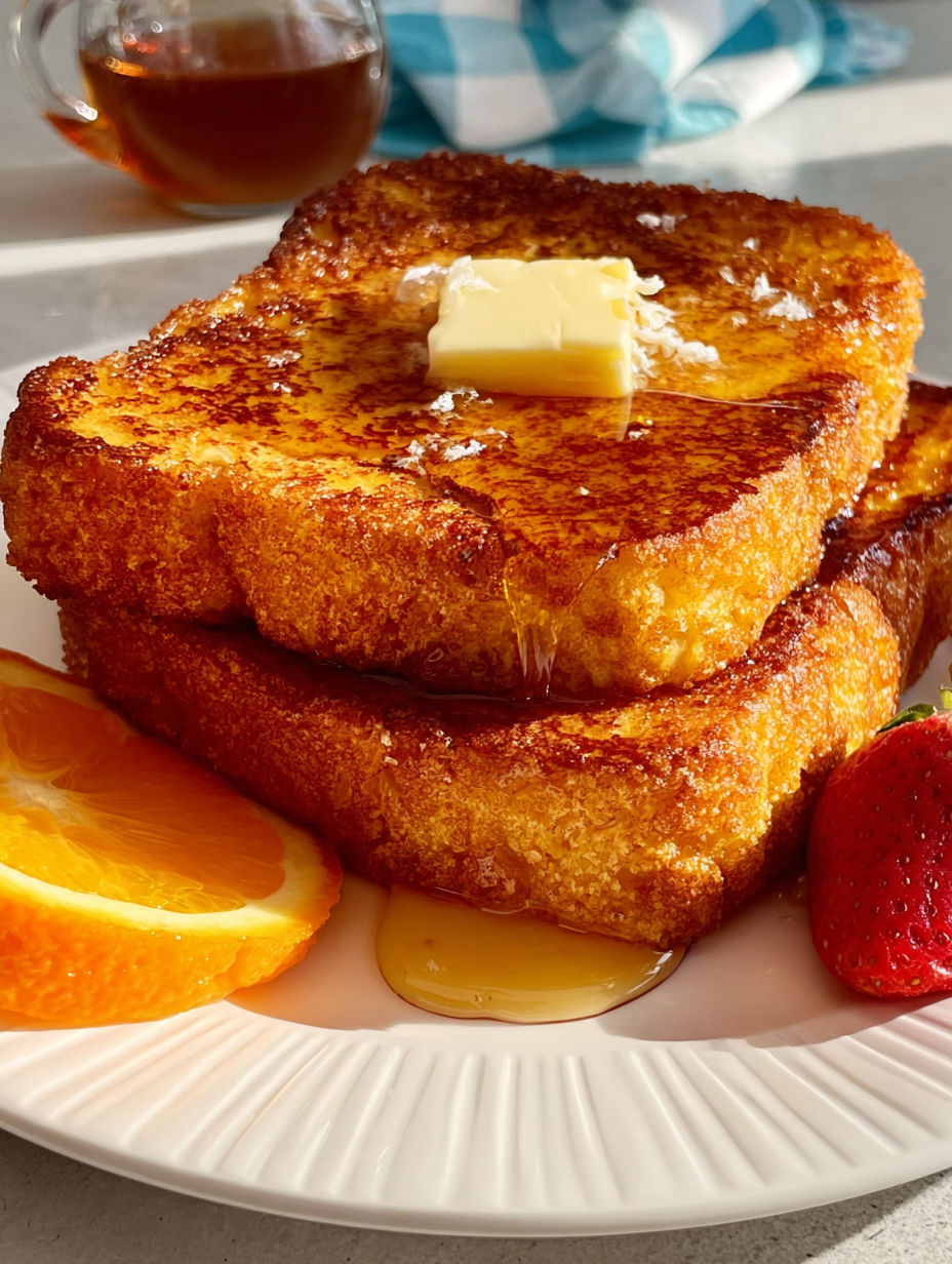 A stack of French toast with butter and a slice of orange.