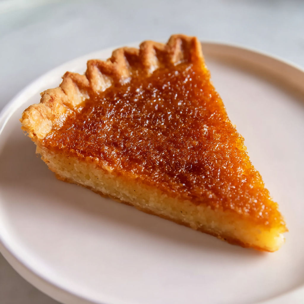 A slice of maple syrup pie on a plate.