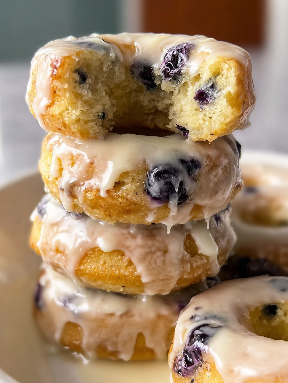 Three stacked donuts with blueberry filling.