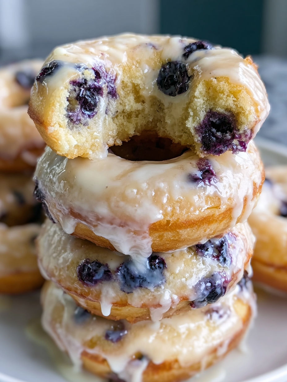 A stack of baked blueberry donuts.