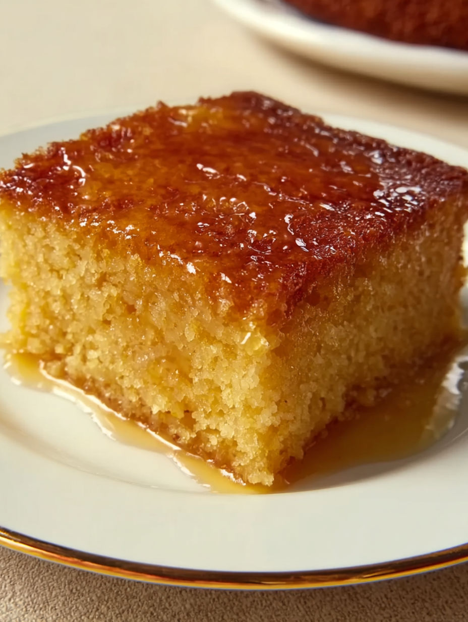 A slice of honey butter cornbread on a white plate.