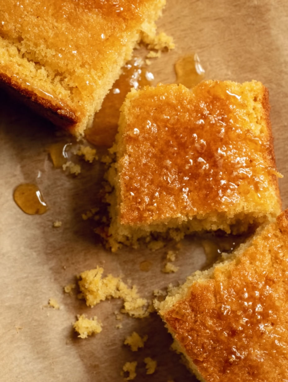 A slice of honey butter cornbread.