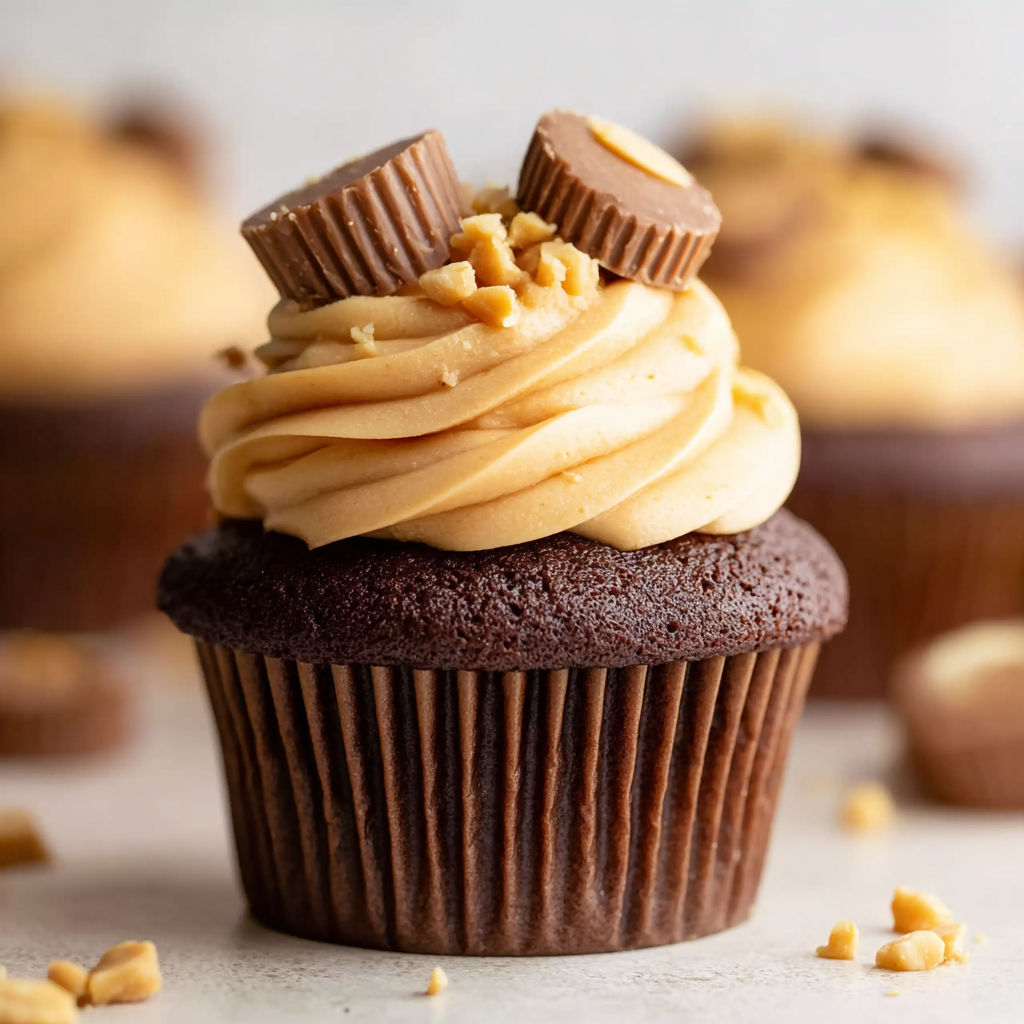 A cupcake with peanut butter and chocolate frosting.