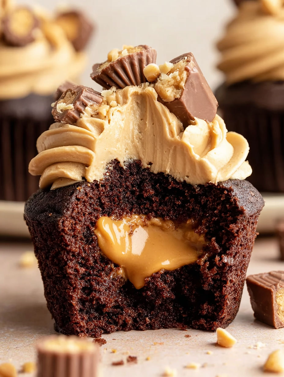 A cupcake with peanut butter and chocolate toppings.