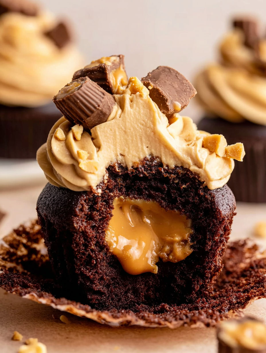 A chocolate cupcake with peanut butter and chocolate chips on top.