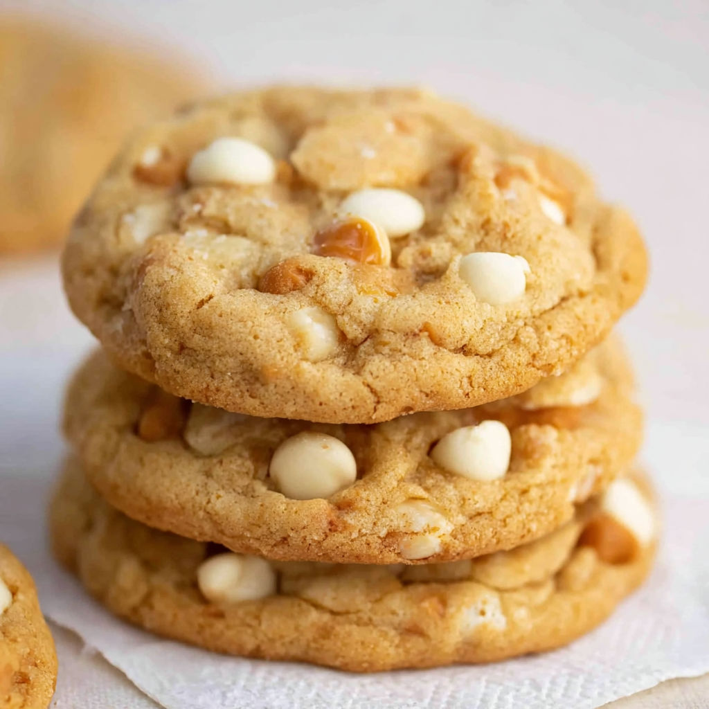 A stack of salted caramel white chocolate cookies.