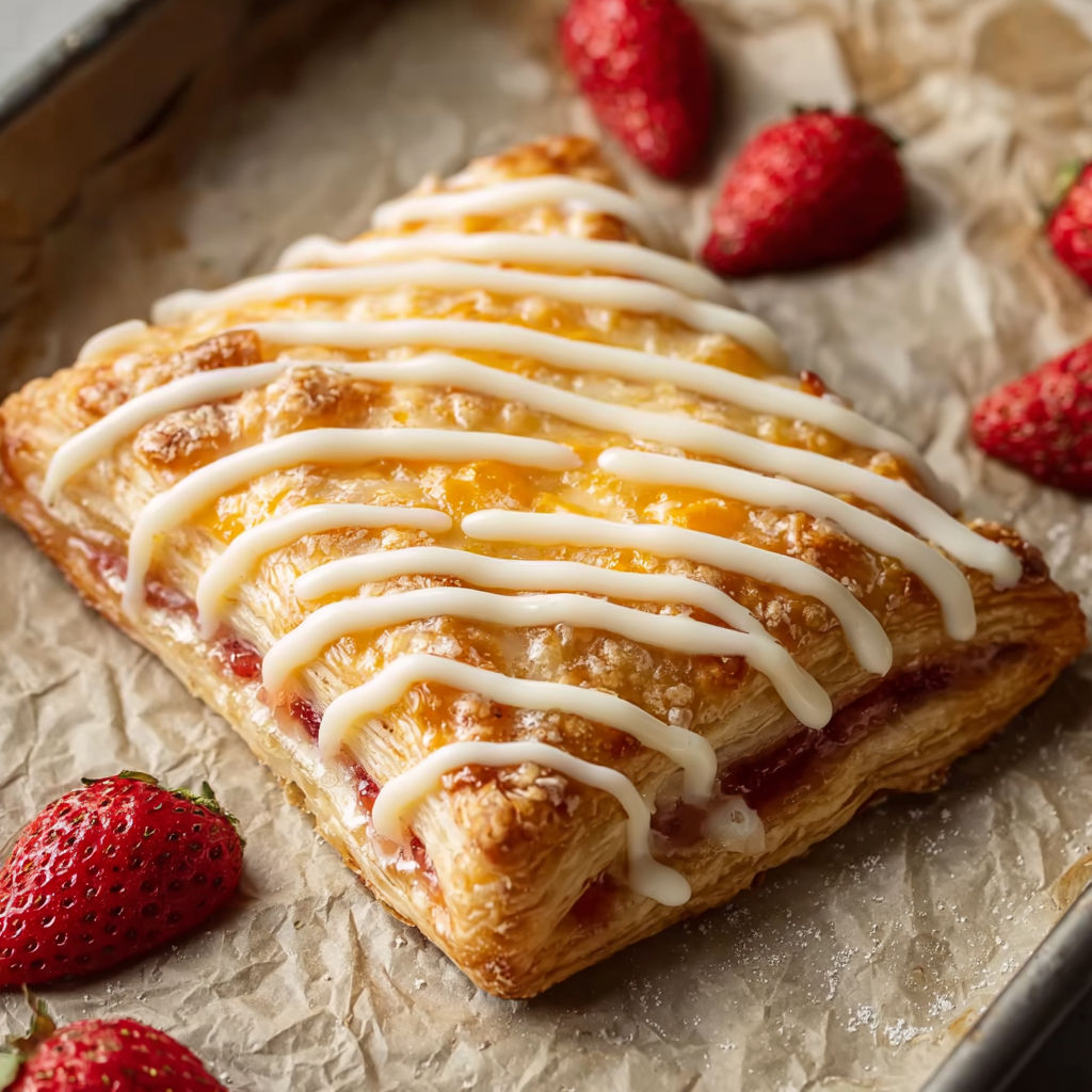 A slice of homemade toaster strudel with white icing and strawberries.