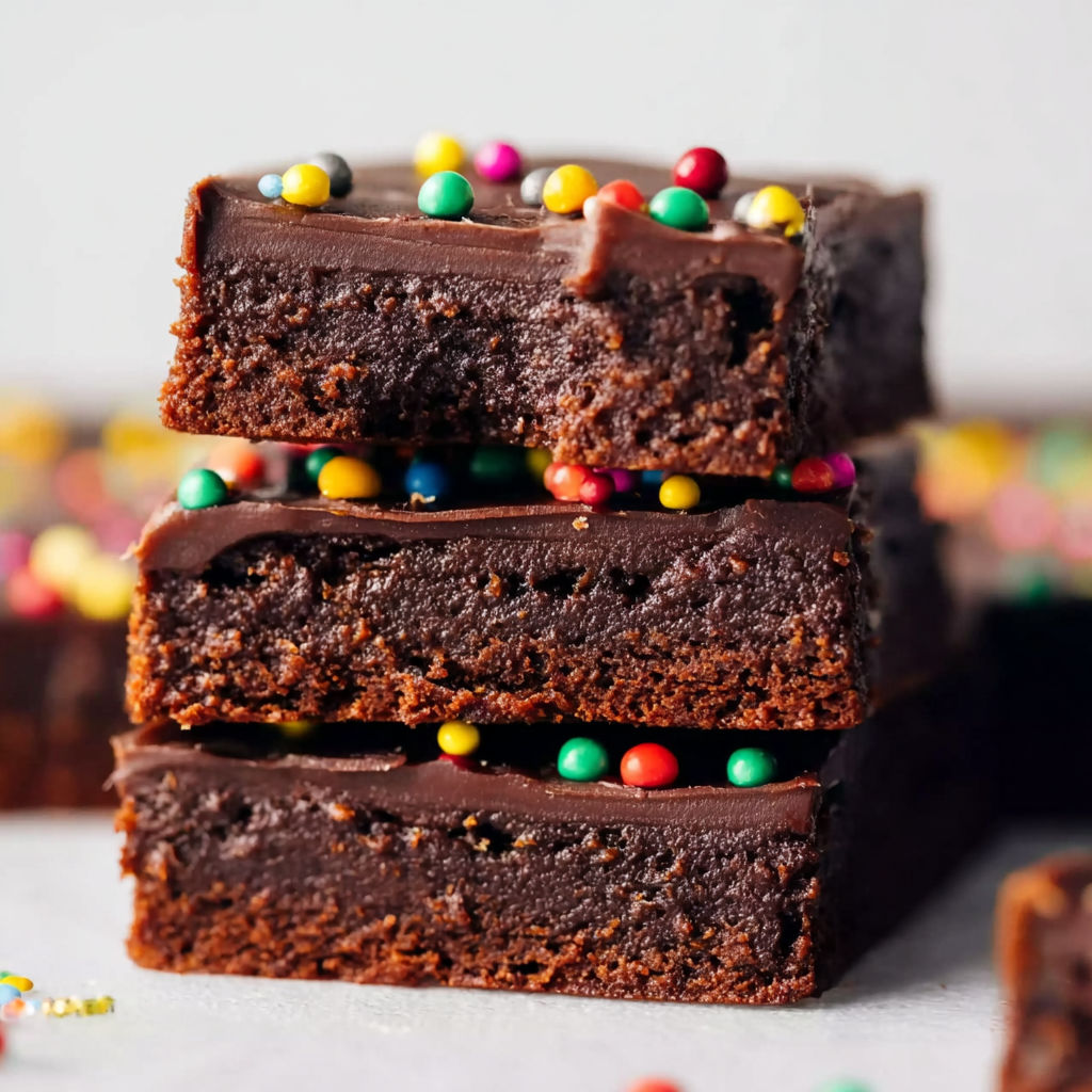 Three layers of chocolate brownies with sprinkles.