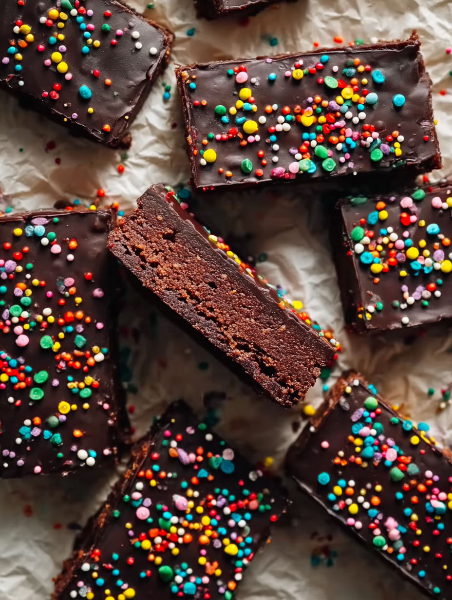 A close up of a piece of chocolate cake with sprinkles.