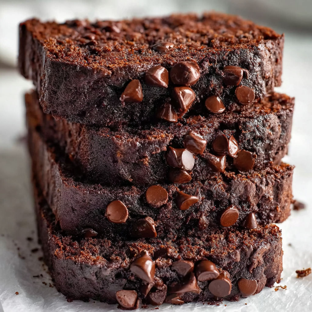 A stack of three slices of double chocolate banana bread.