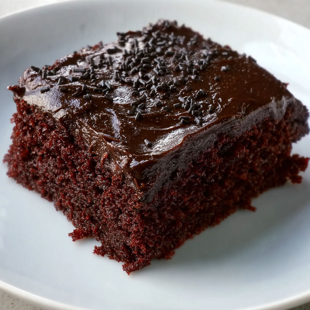 A slice of chocolate cake with chocolate chips.