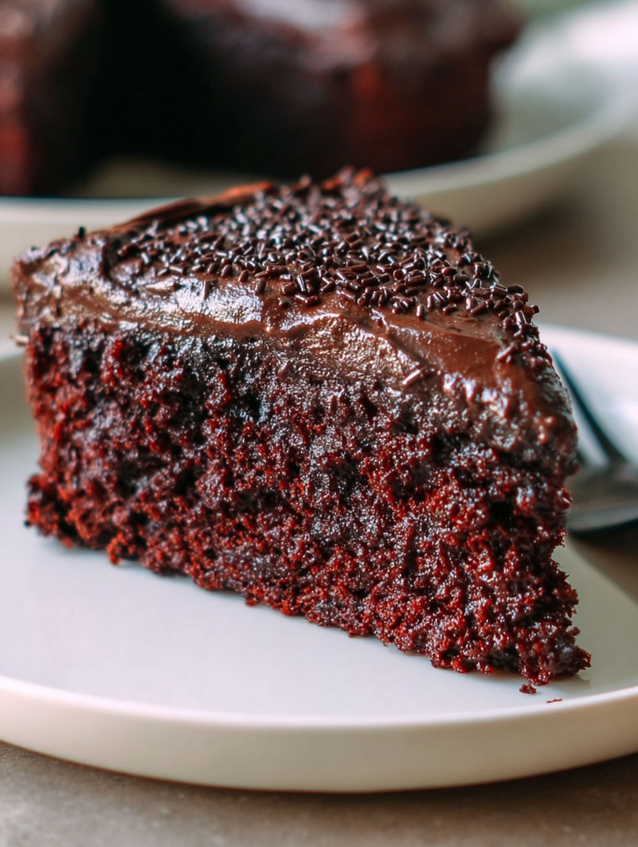 A slice of chocolate cake with chocolate frosting.