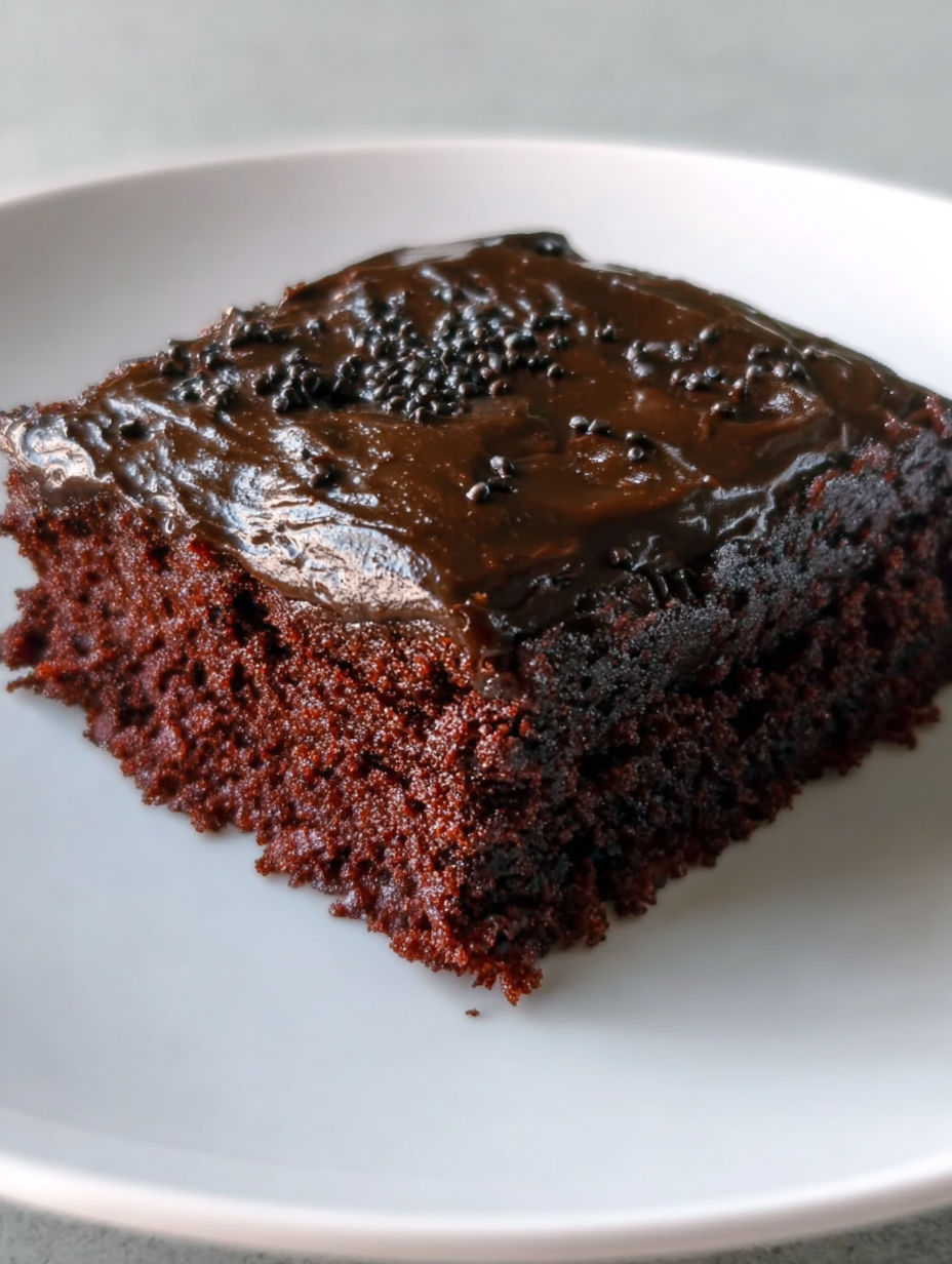 A slice of chocolate cake with chocolate chips.