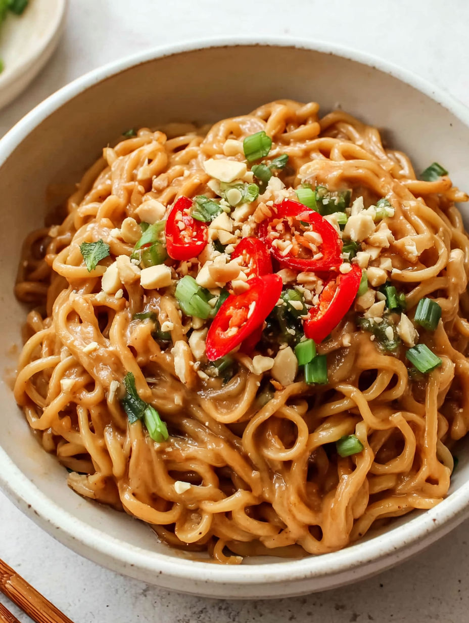 A bowl of peanut butter ramen with red peppers.