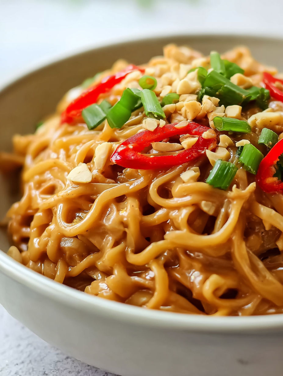 A bowl of peanut butter ramen with red peppers.
