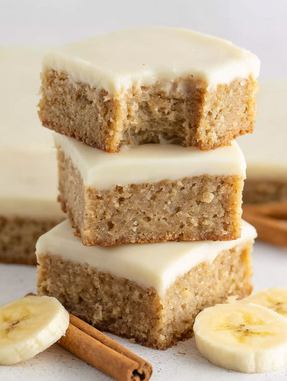 Three slices of blondie cake with a brown frosting.