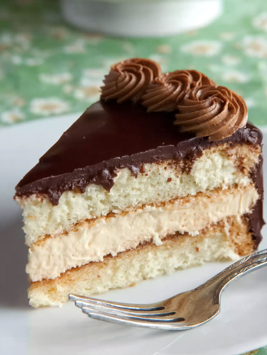A slice of cake with chocolate and white frosting.