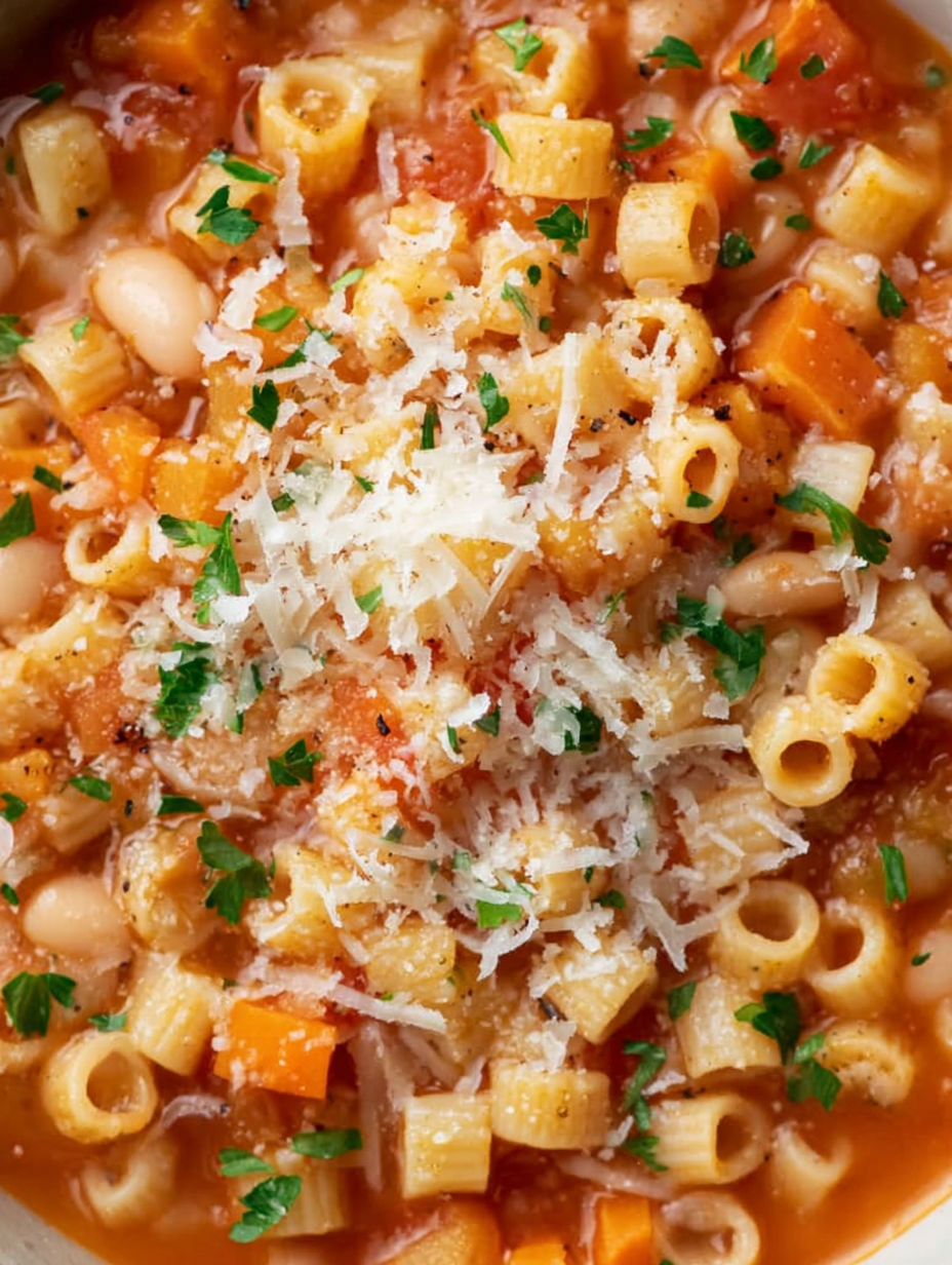 A bowl of pasta fagioli with cheese and herbs.