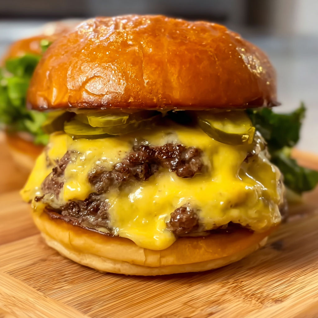 A smash burger with cheese and pickles.