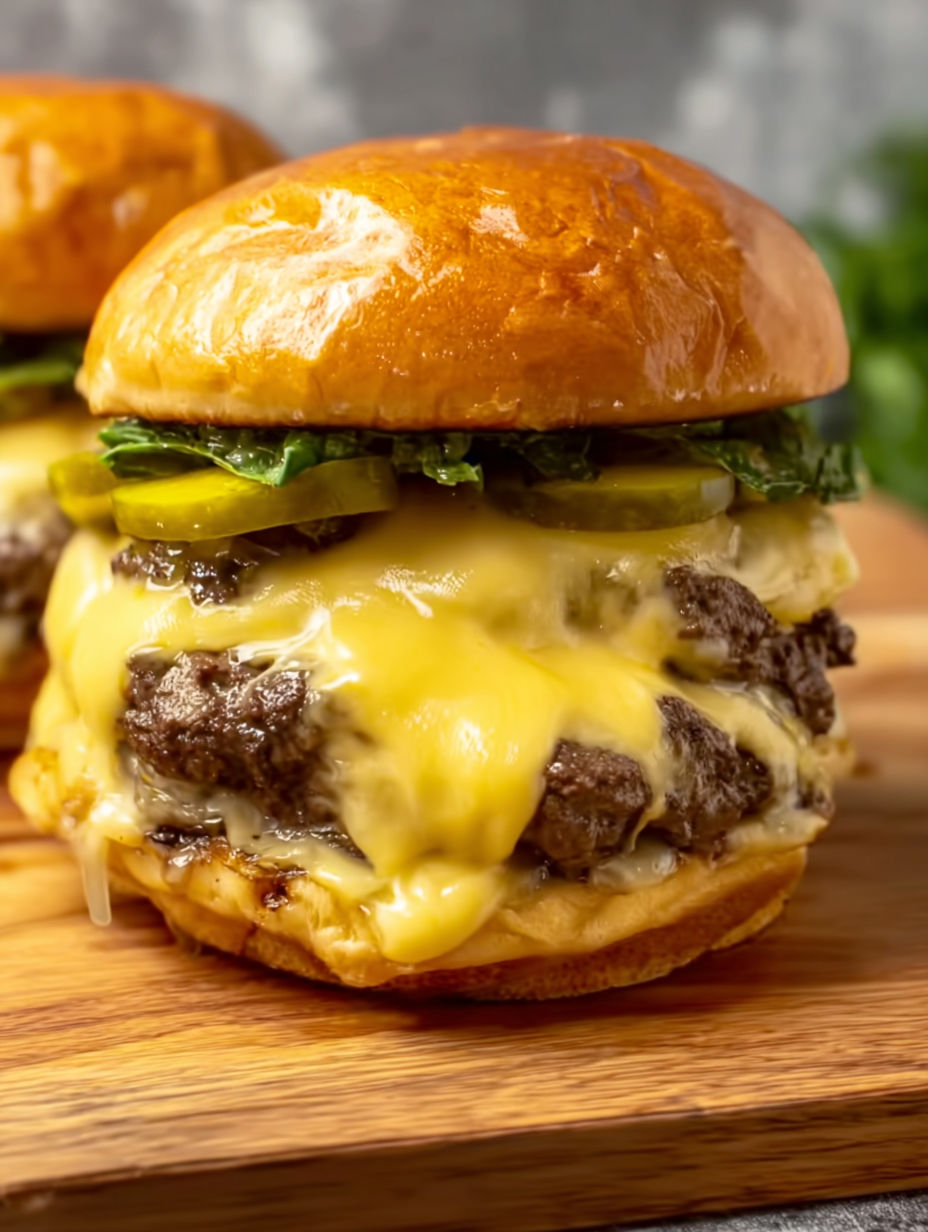 A close up of a smash burger with cheese.