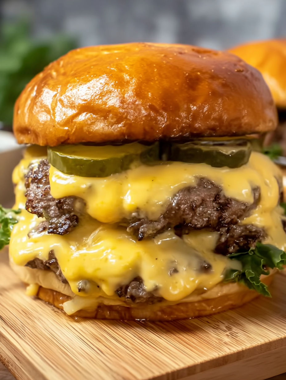 A smash burger with cheese and pickles.