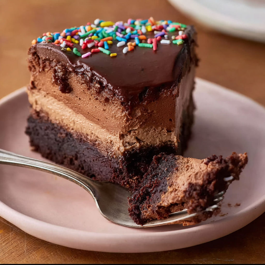 A slice of chocolate cheesecake with sprinkles.