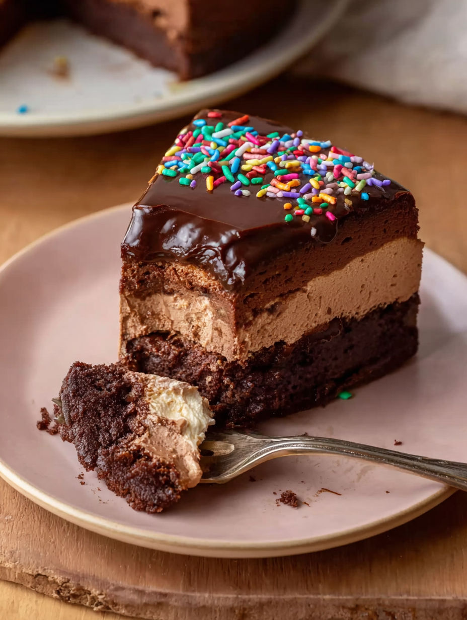 A slice of cosmic brownie cheesecake.