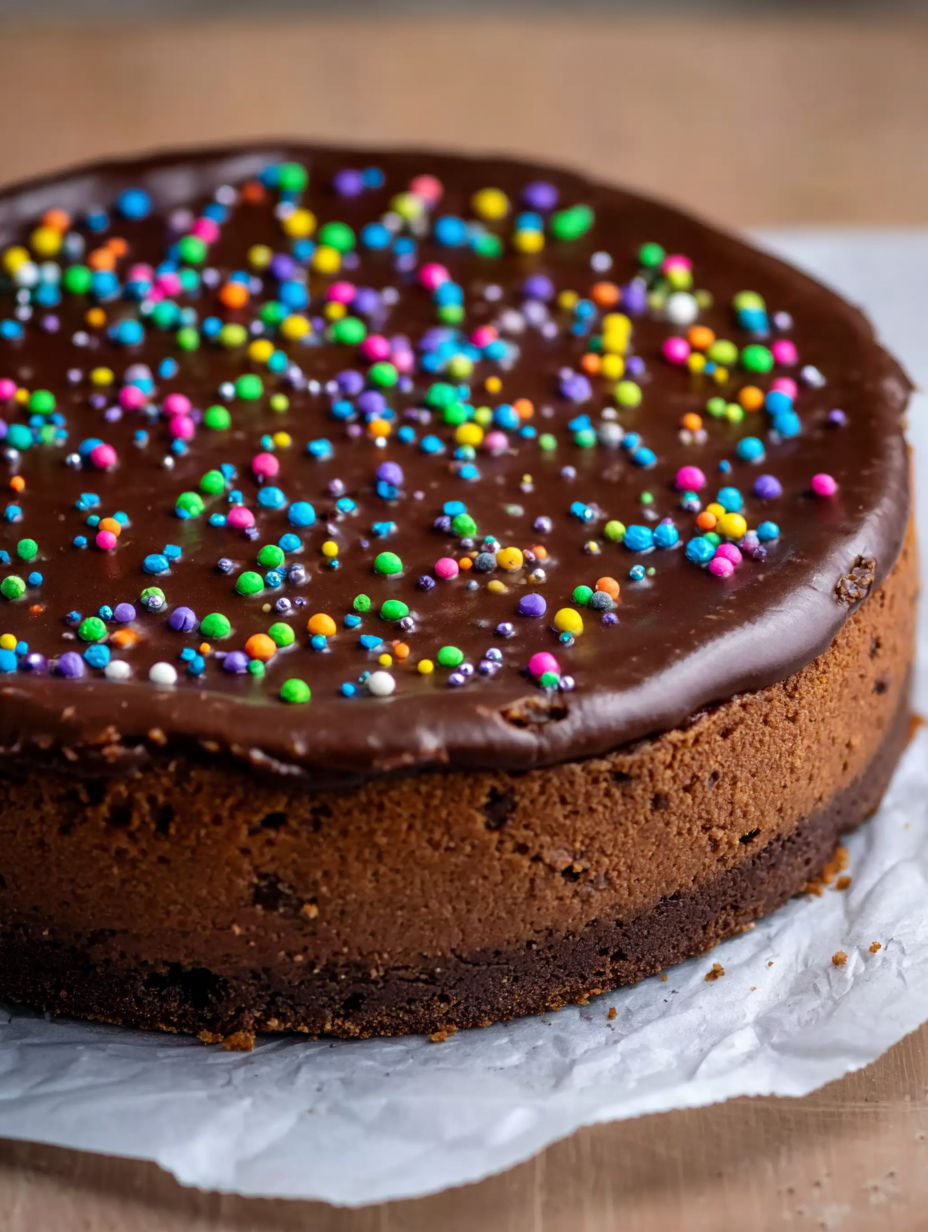 A chocolate cake with sprinkles on top.