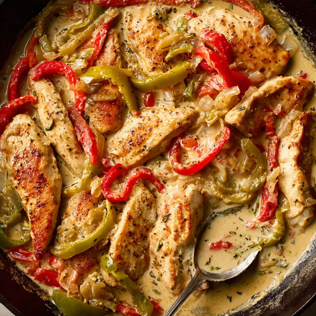 A dish of chicken with peppers and onions.