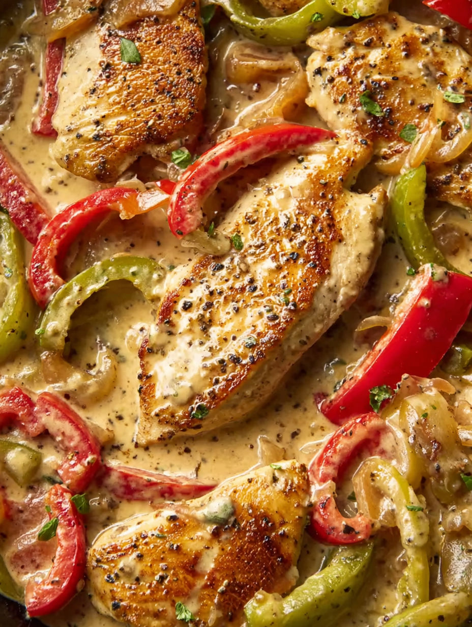 A close up of a piece of chicken with peppers and onions.