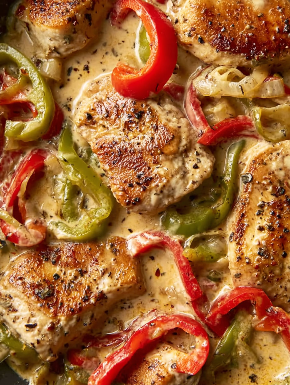 A dish of chicken with peppers and onions.
