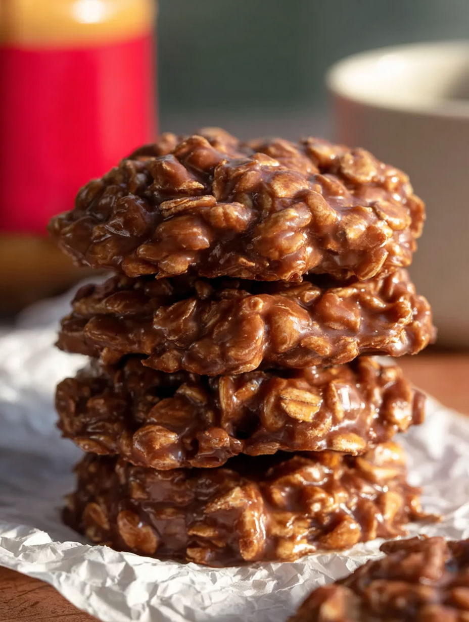 A stack of three coconut oil no-bake cookies.