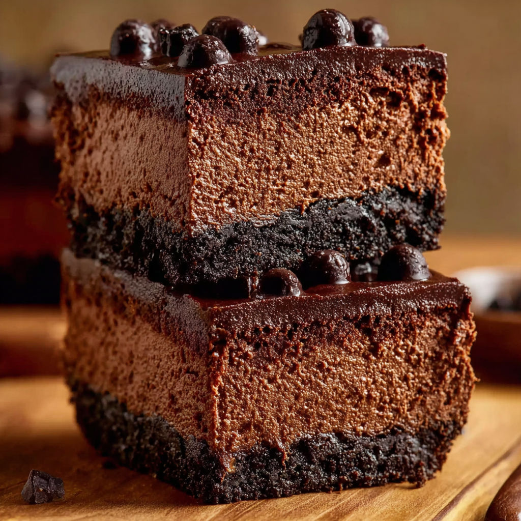 Three slices of chocolate cheesecake bars.